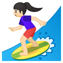 Woman surfing light skin tone icon